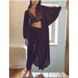 Free People Magic Hour Kimono Midnight Floral Velvet Burnout Burgundy